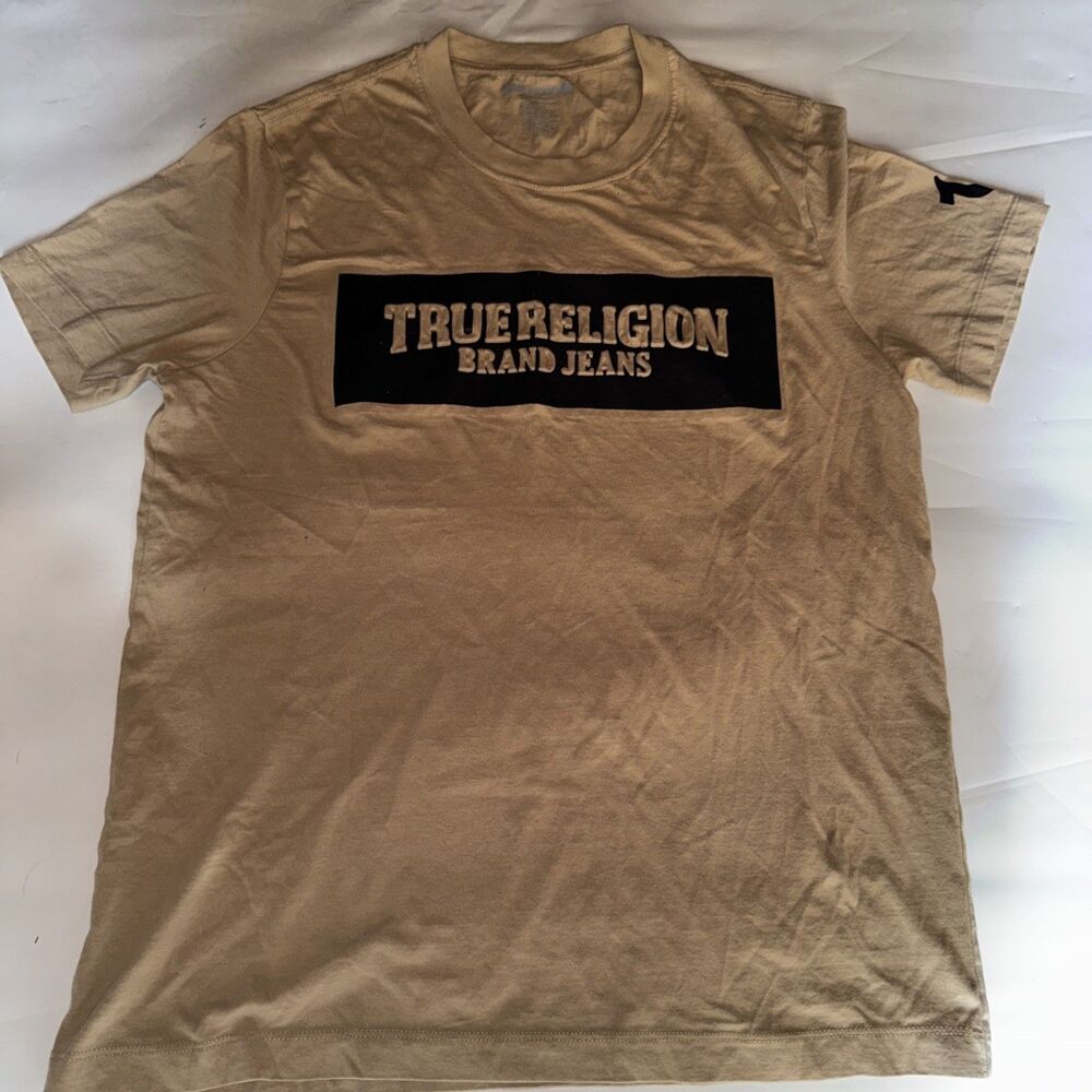 True Religion Brand Jeans Embossed Box Arch SS Tee T-Shirt Beige Mens M